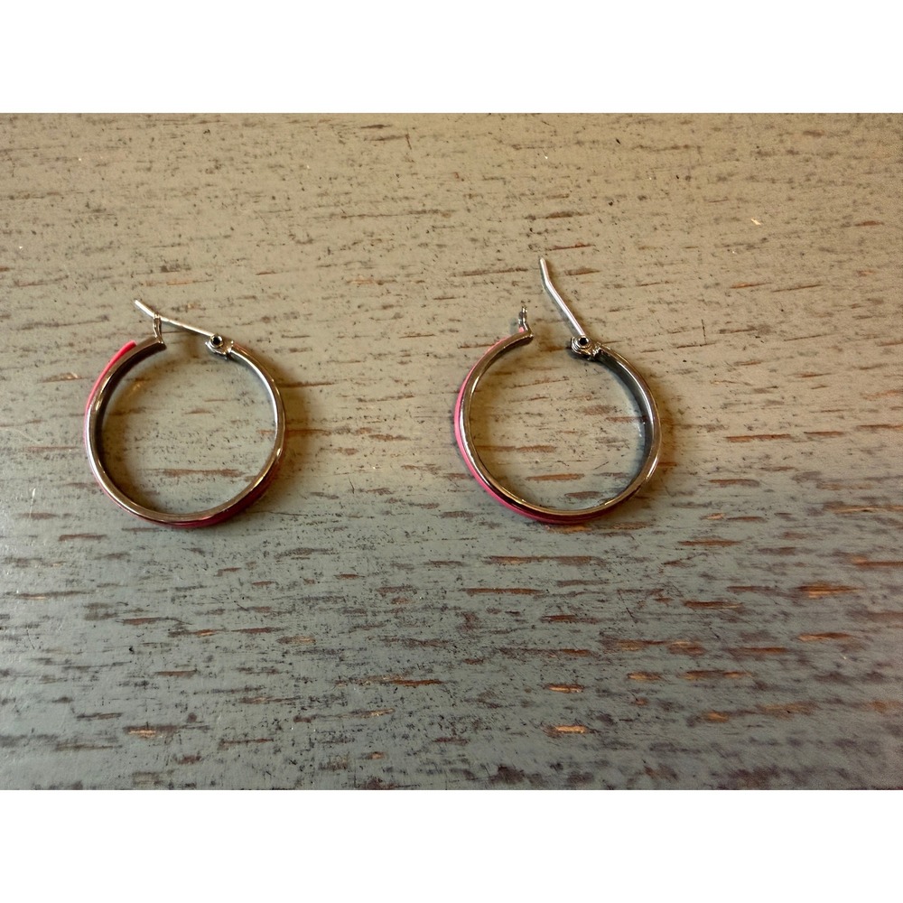 Gunmetal Pink Enamel Hoop Earrings Medium 1 Inch Snap Back Closure